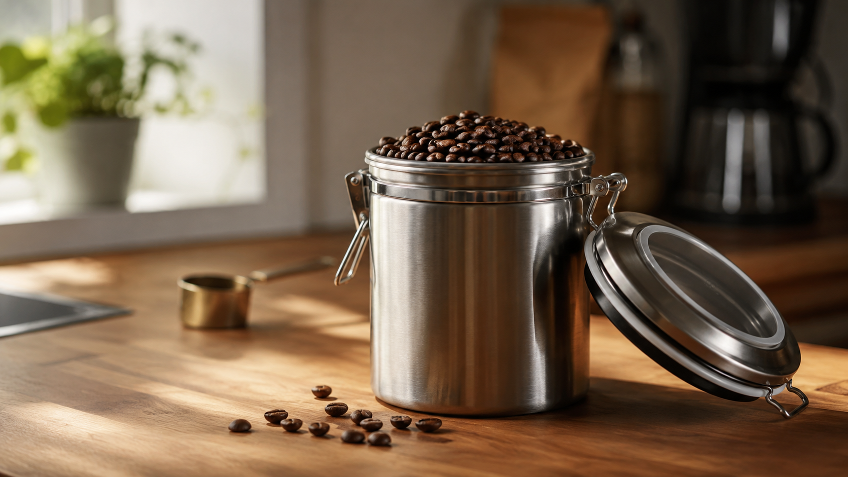 Airtight coffee bean container on a home coffee station.