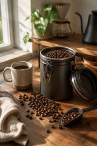 Freshly roasted coffee beans stored in an airtight stainless steel container to preserve freshness.