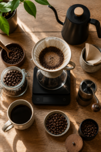 Third wave coffee brewing setup with pour-over equipment and specialty coffee beans