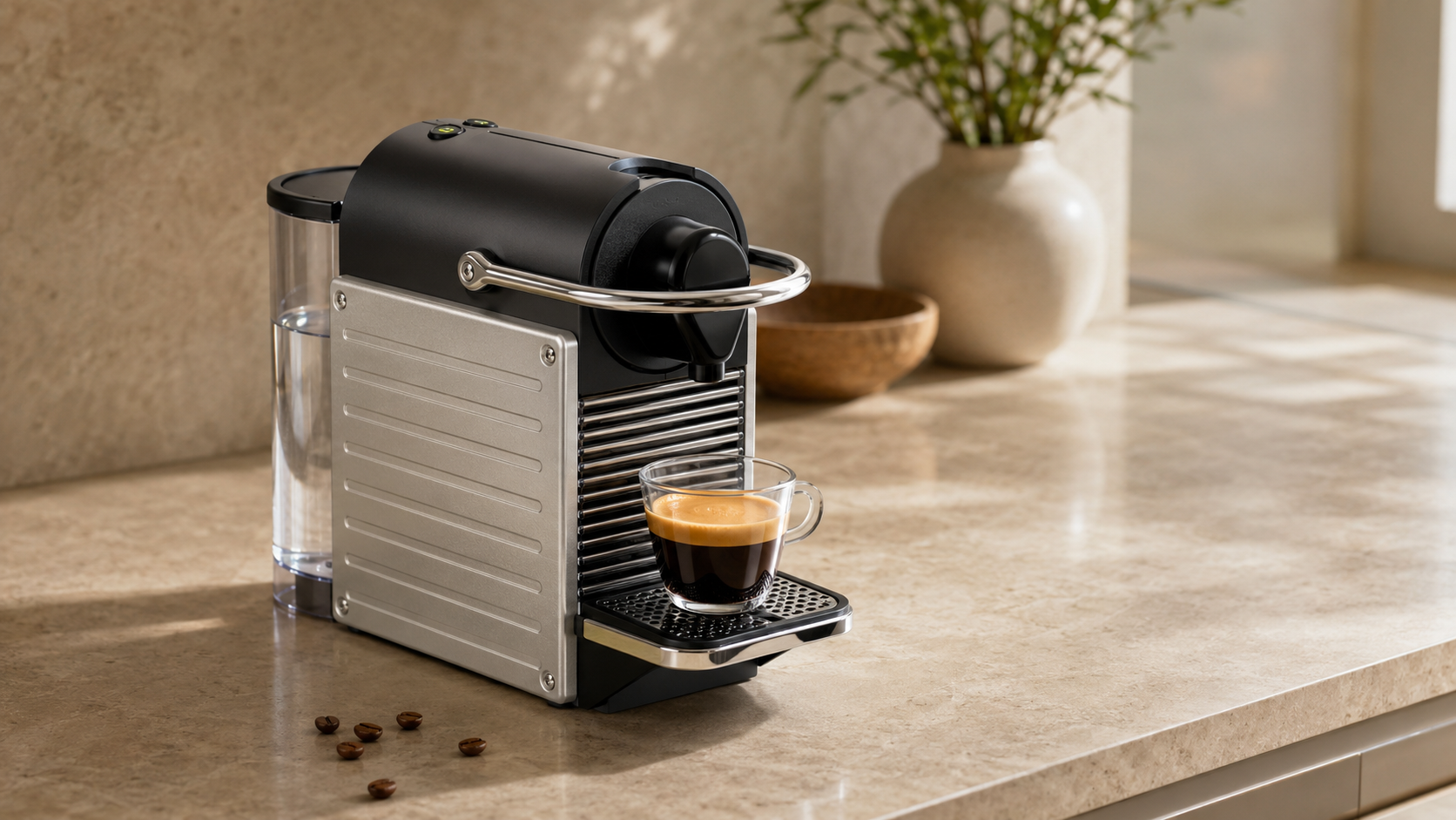 Nespresso Pixie review showing a compact Original capsule espresso machine