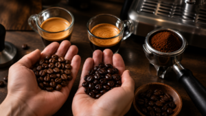 Arabica vs Robusta for espresso showing bean texture and crema differences
