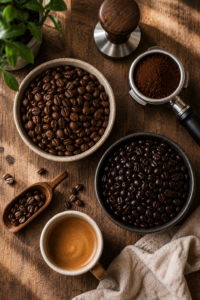 Arabica vs Robusta for espresso with coffee beans and espresso tools
