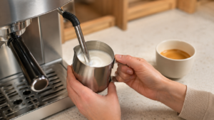 Beginner steaming milk with an espresso machine