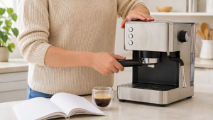 Beginner learning to use a semi-automatic espresso machine