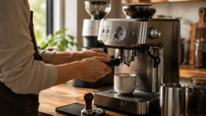 A beginner making espresso with a semi-automatic espresso machine at home.