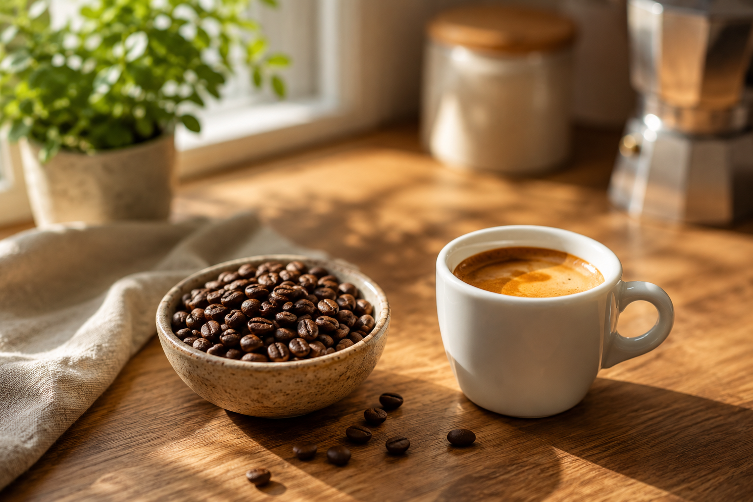 Fresh roasted coffee beans beside a cup of espresso with rich crema.