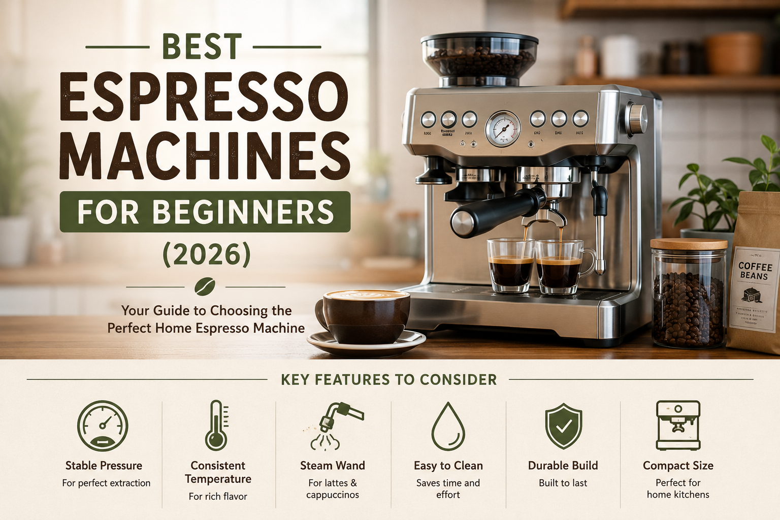 Beginner espresso machine with steam wand and coffee cup