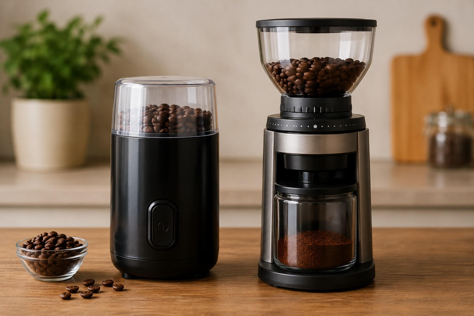 Blade grinder and burr grinder placed side by side on a kitchen countertop for coffee grinder comparison.