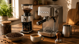Breville Bambino espresso machine with a burr grinder, tamper, coffee beans, and espresso cup.