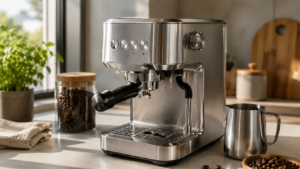 Close-up of the Breville Bambino espresso machine on a modern kitchen countertop.