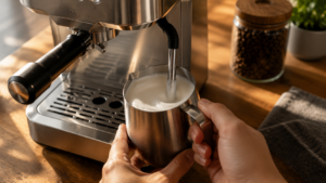Steaming fresh microfoam with the Breville Bambino steam wand.