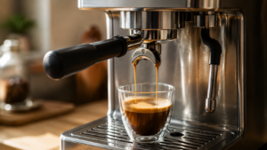 Breville Bambino Plus review showing rich espresso extraction with golden crema