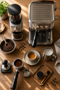 Breville Bambino Plus review with home espresso setup and coffee tools