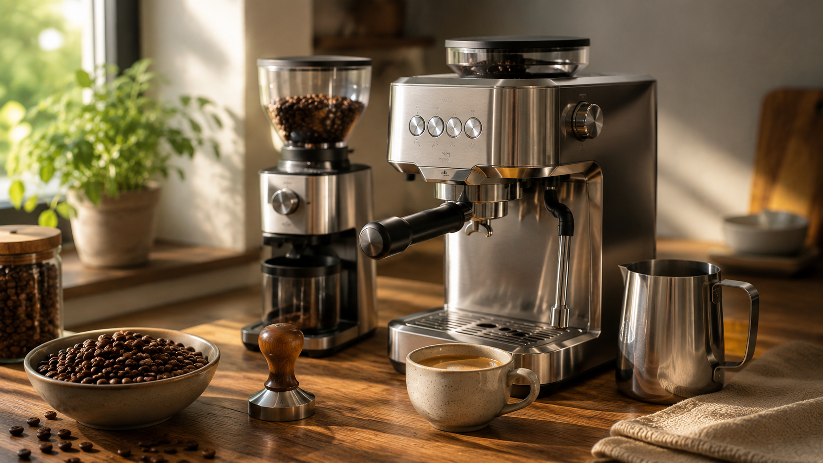 Breville Bambino espresso machine with a burr grinder on a modern home coffee station.