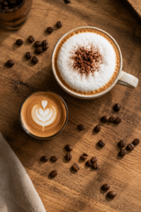 Cortado vs cappuccino comparison with espresso drinks served on a wooden café table