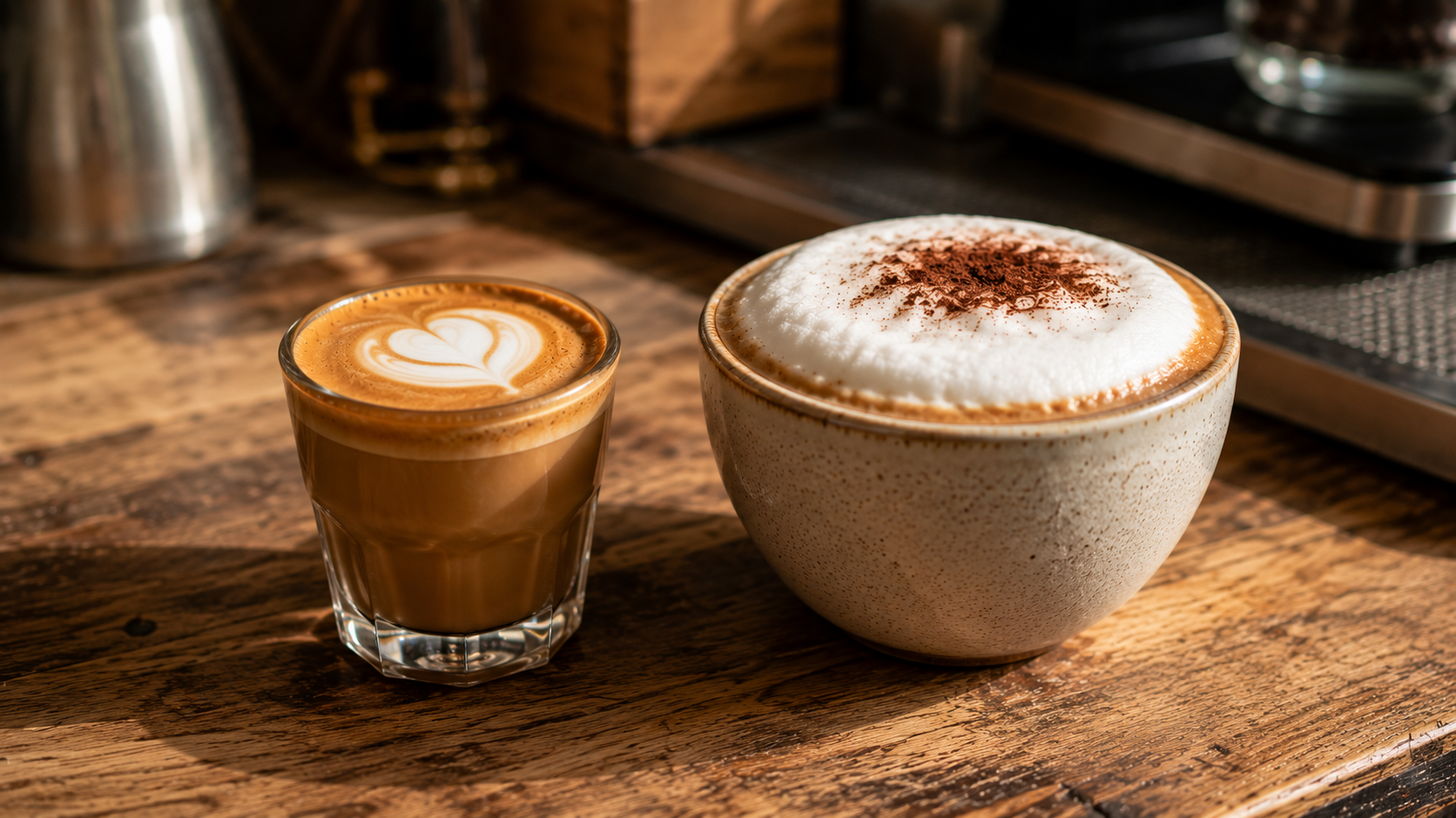 Cortado vs cappuccino showing the difference in milk texture and serving size