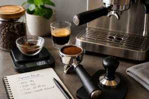 Espresso brewing tools including a portafilter, coffee scale, tamper, and freshly ground coffee.