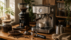 Home espresso machine with a burr grinder, tamper, milk pitcher, and freshly roasted coffee beans.