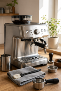 Spotless stainless steel espresso machine with cleaning tools on a Scandinavian kitchen countertop