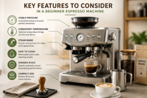 Beginner espresso machine with steam wand and coffee cup