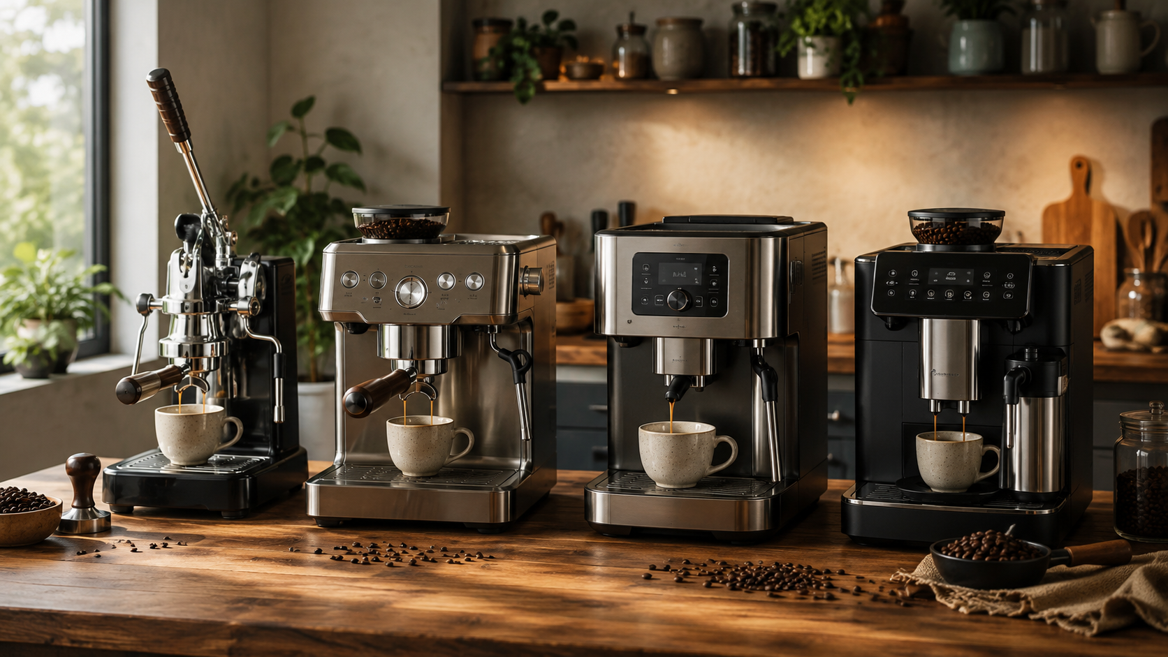 Four different types of home espresso machines displayed side by side on a modern kitchen countertop.