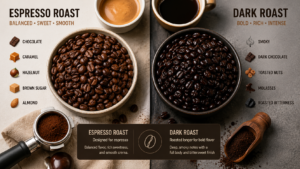 Espresso roast vs dark roast showing differences in roast color and coffee beans