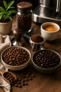 Espresso roast vs dark roast coffee beans arranged with espresso brewing tools