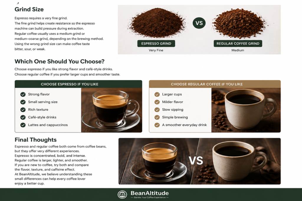 Espresso vs coffee comparison chart showing brewing methods, flavor, and caffeine differences