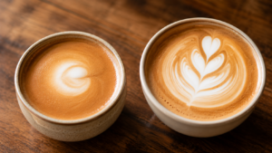 Flat white vs latte microfoam comparison showing silky milk texture