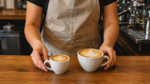 Barista serving a flat white and latte with different cup sizes