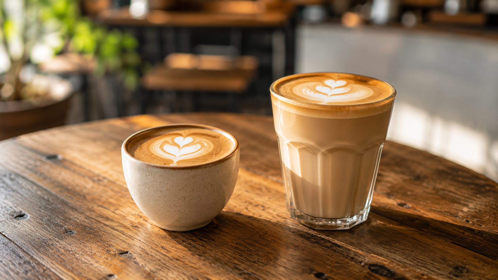 Flat white vs latte showing the difference in cup size and milk texture