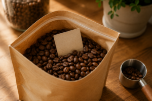 Fresh whole coffee beans with a roast date for espresso brewing.
