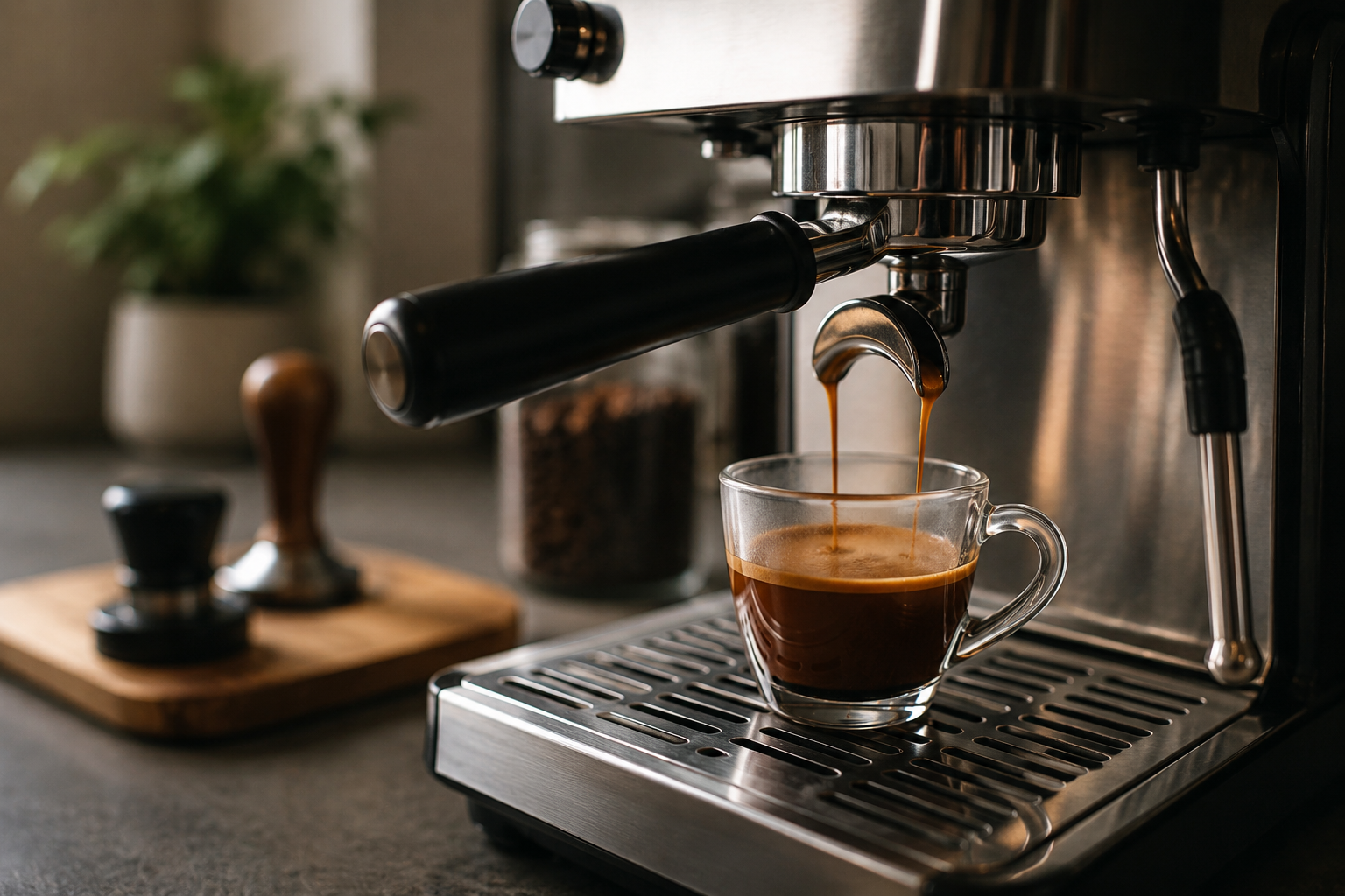 Home espresso machine brewing a fresh espresso shot with rich crema.