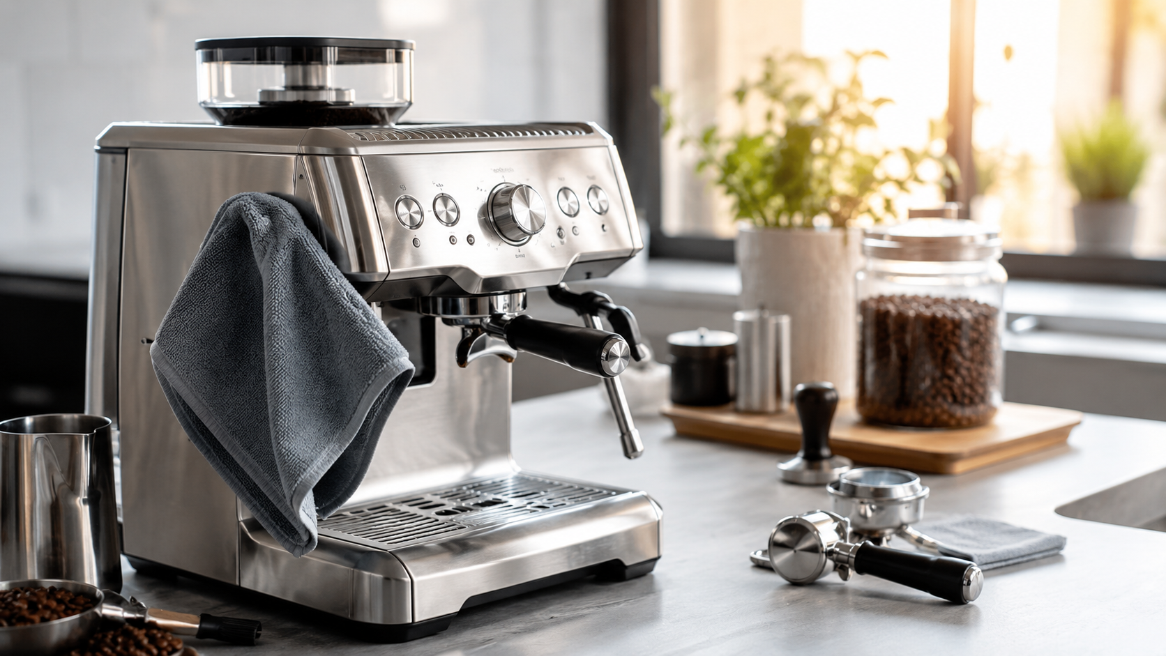 Cleaning a stainless steel espresso machine in a modern home kitchen