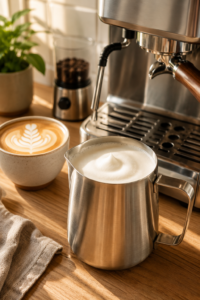 Silky microfoam for espresso prepared with a steam wand in a home coffee setup