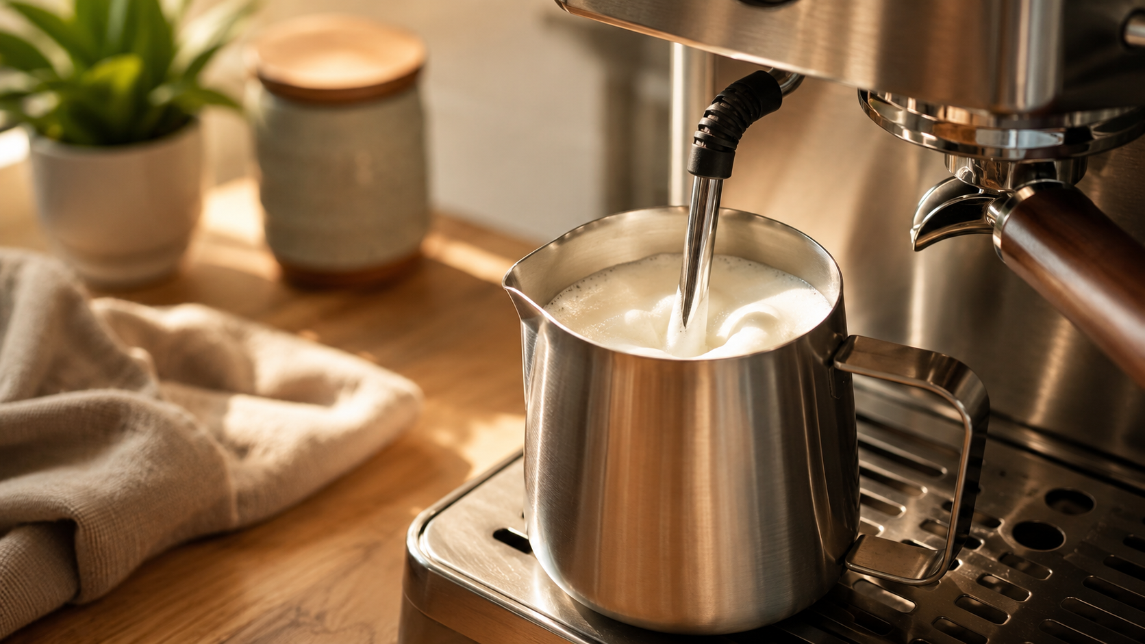 Steaming milk with a steam wand to froth milk for espresso