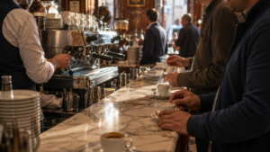 Italian coffee culture showing people enjoying espresso while standing at a traditional coffee bar