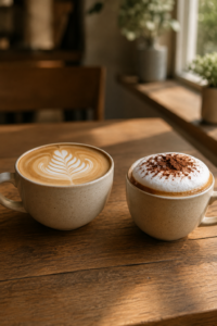 Latte vs cappuccino comparison with silky microfoam and thick milk foam