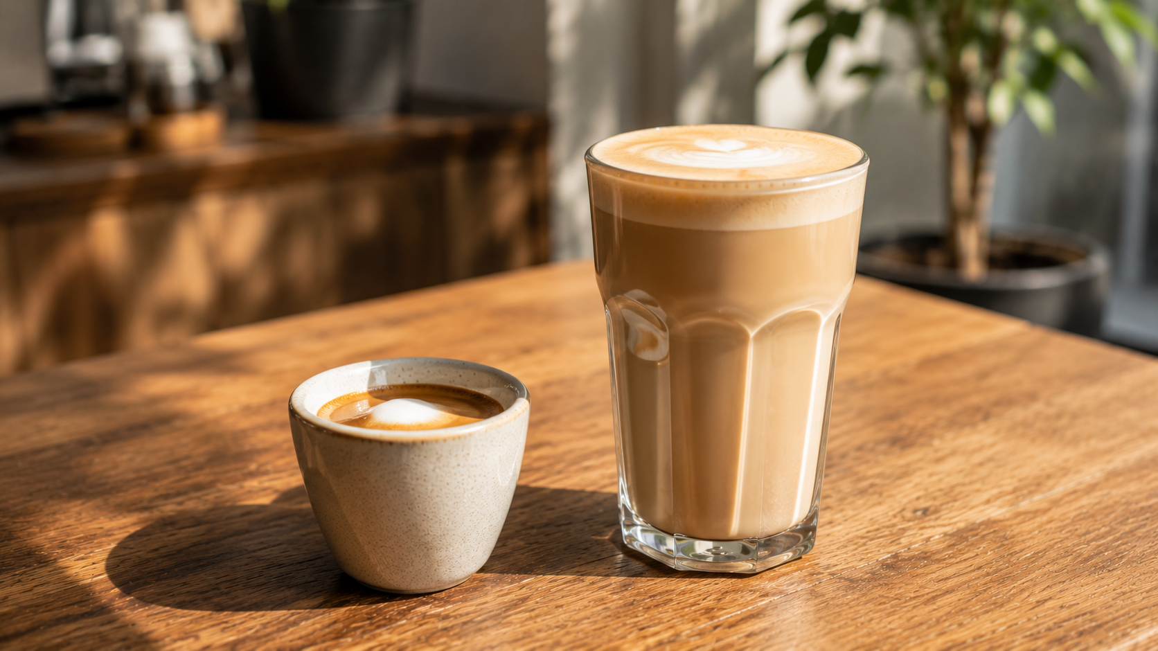 Macchiato vs latte showing the difference in milk ratio and serving size