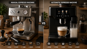 Manual vs automatic espresso machines showing espresso extraction and coffee preparation