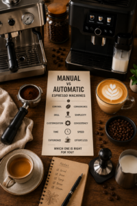 Manual vs automatic espresso machines with espresso tools and coffee brewing equipment