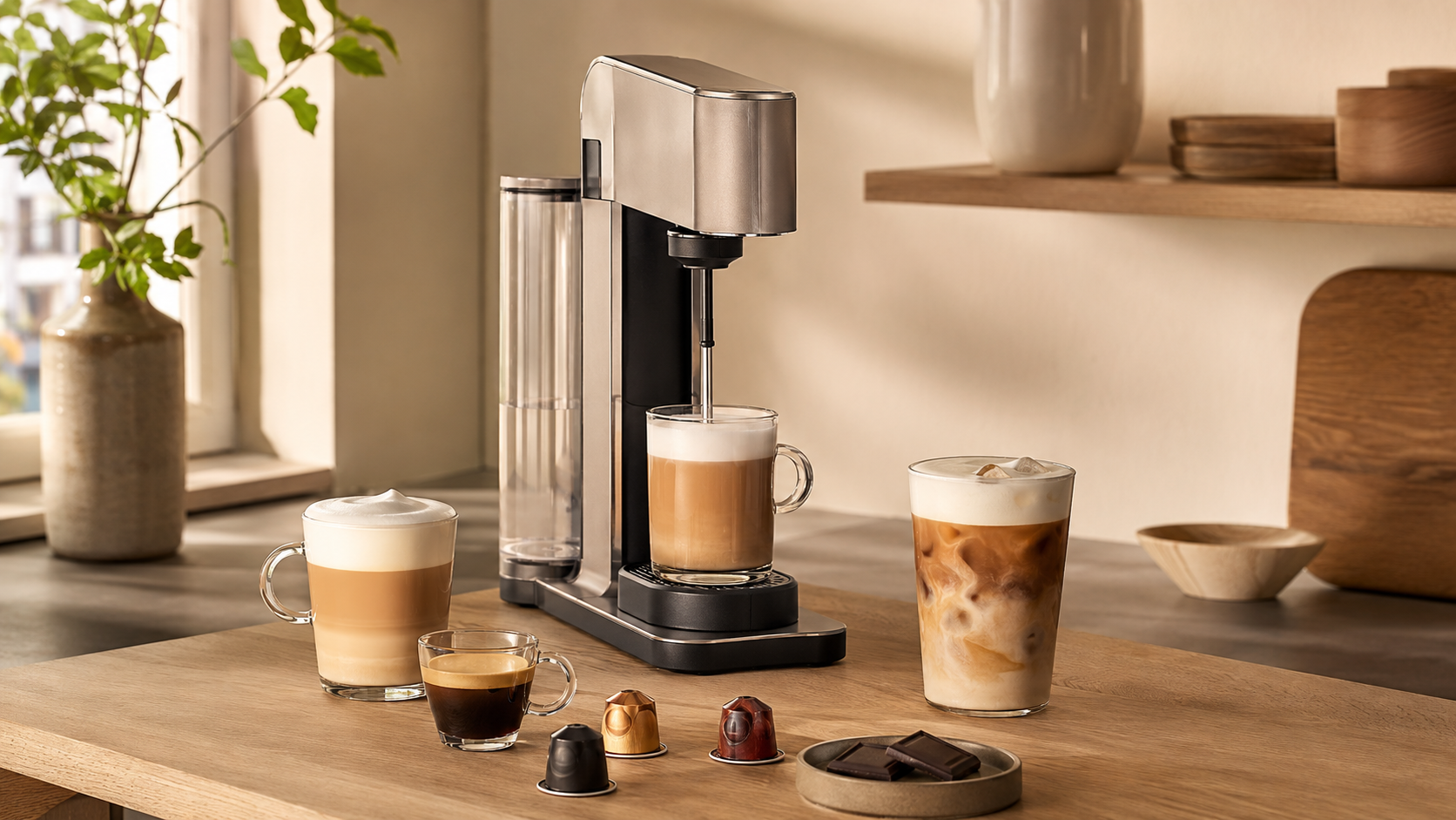 Nespresso Atelier review featuring the slim coffee machine with espresso, cappuccino, and iced latte