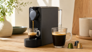 Nespresso Essenza Mini preparing espresso and lungo coffee