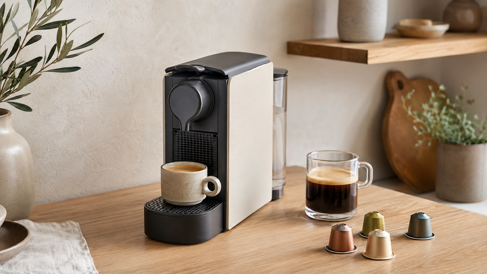 Nespresso Essenza Mini review showing a compact espresso capsule machine