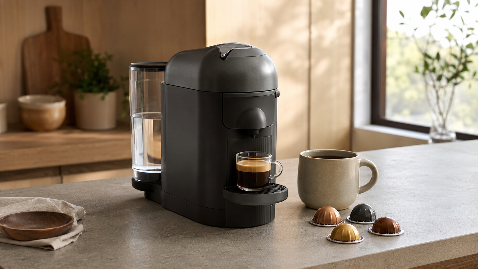 Nespresso Evoluo review showing a full-size Vertuo capsule coffee machine