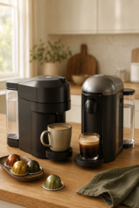 Nespresso Evoluo vs VertuoPlus comparison in a modern home coffee station