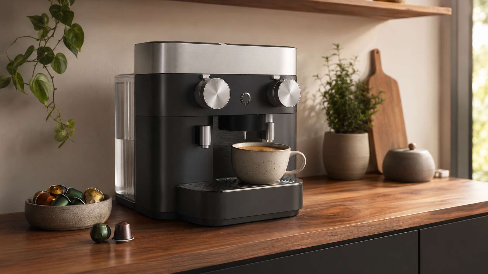 Nespresso Expert review featuring the capsule machine and freshly brewed Americano