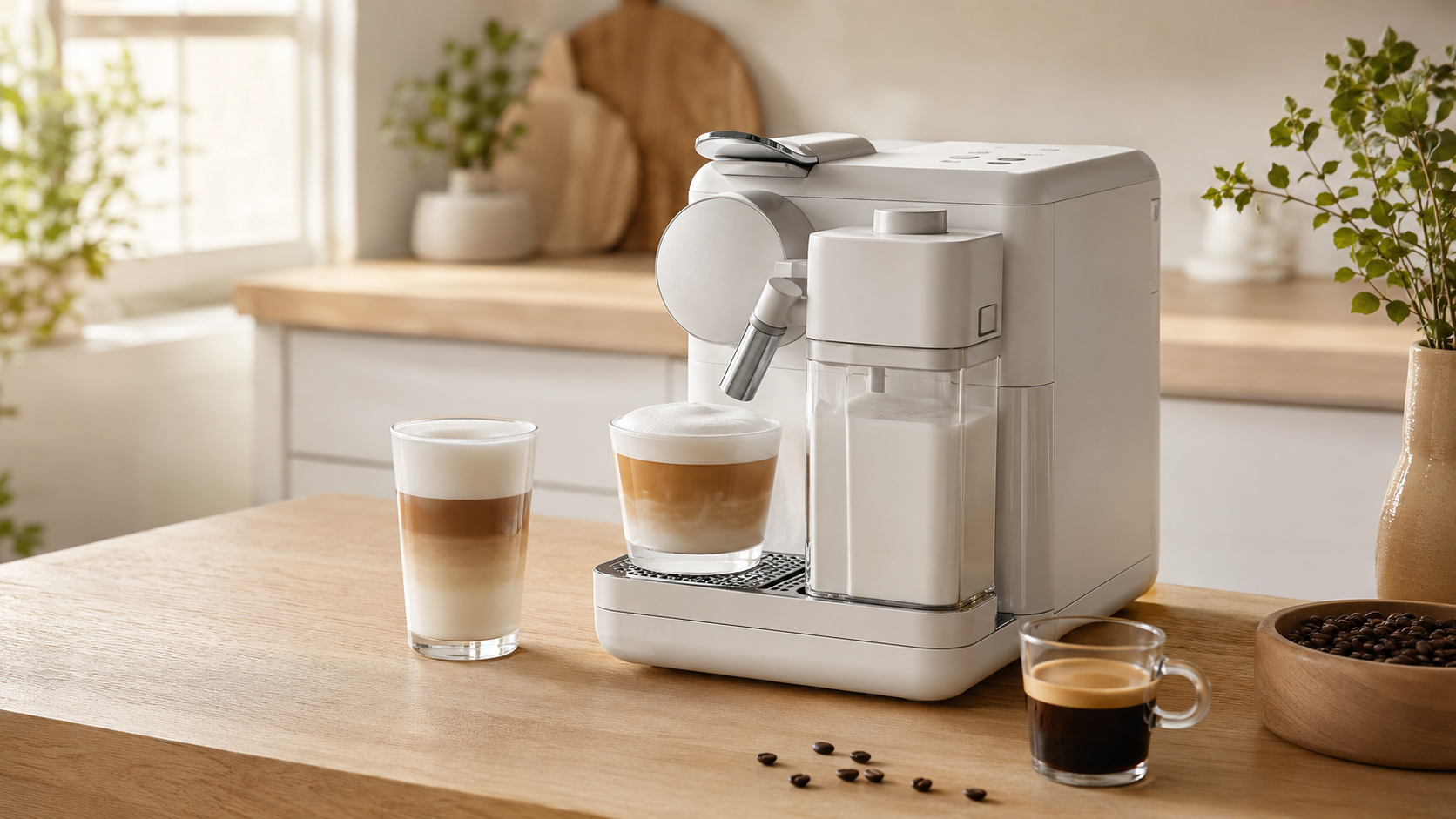 Nespresso Gran Lattissima review featuring the machine with cappuccino, latte macchiato, and espresso