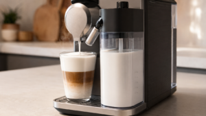 Nespresso Gran Lattissima review showing the automatic milk carafe dispensing foam into a latte