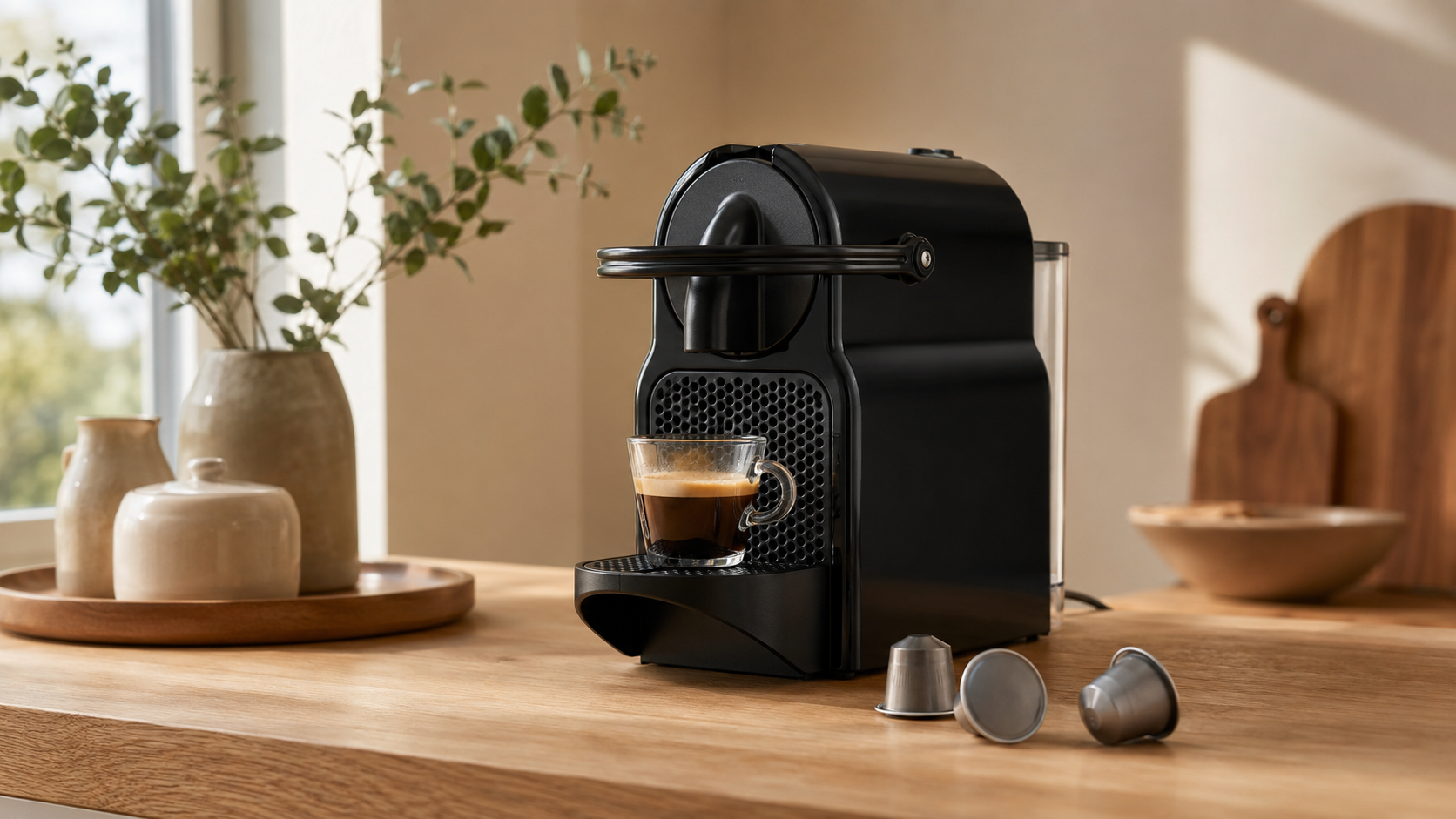 Nespresso Inissia review featuring a compact capsule espresso machine on a modern kitchen countertop